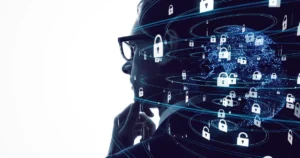 Business professional surrounded by digital locks representing cyber liability insurance