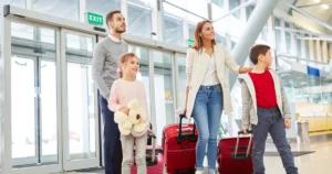 Family traveling through an airport highlighting the importance of vacation liability insurance for trip protection